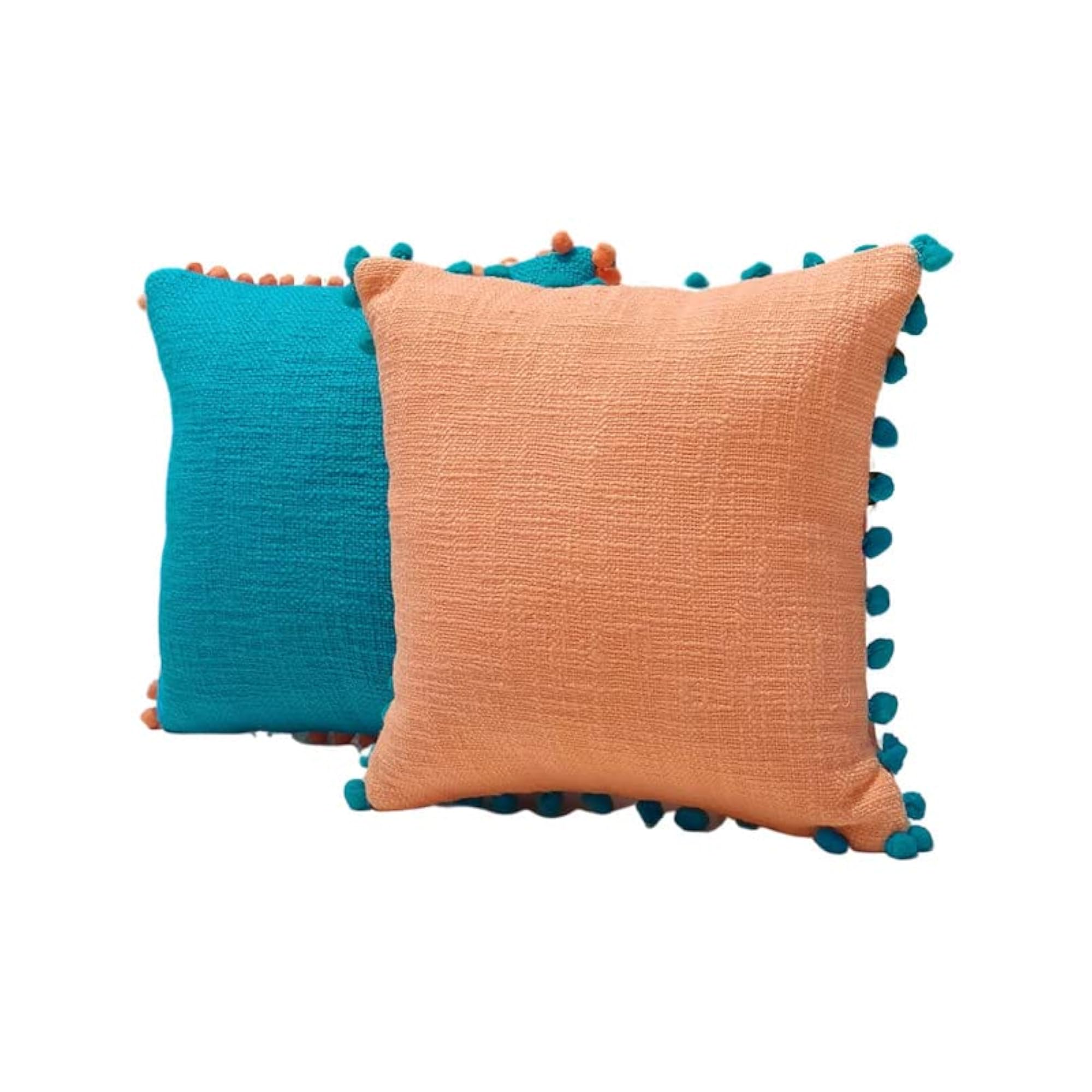 Solid Peach Pom Pom Cushion Cover (18X18)